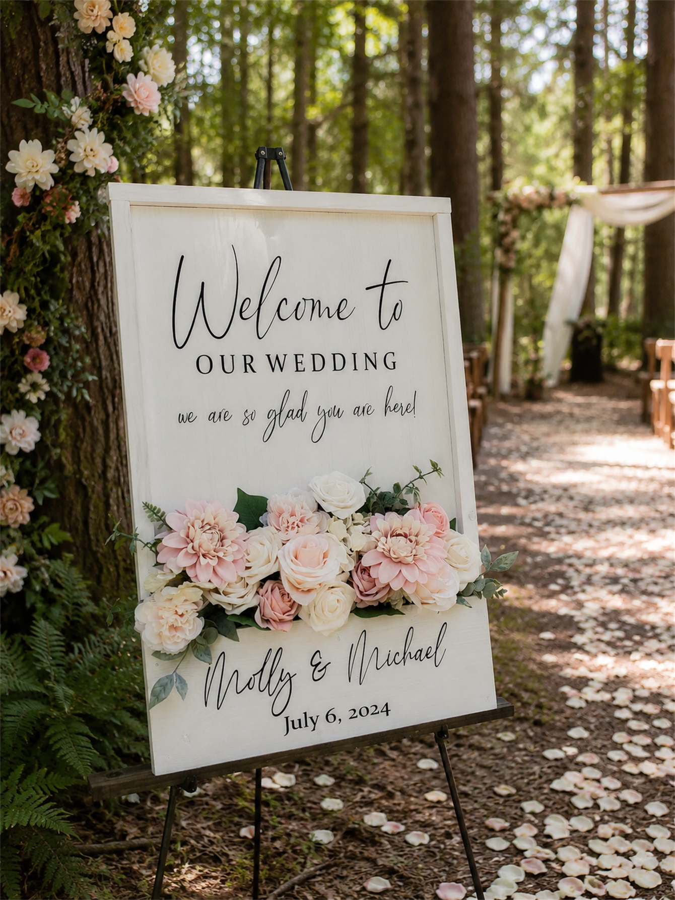 Wooden wedding welcome signs and flowers, custom flower box wedding signs, simple wedding entrance decorations, personalized name and date signs, ceremony reception
